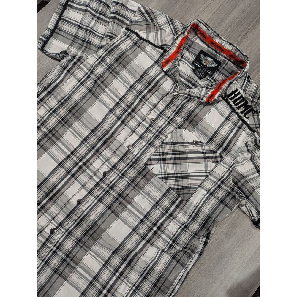 Harley Davidson Short Sleeve Plaid Button Up Shirt HDMC Graphic B&W Men's XL - Picture 1 of 8